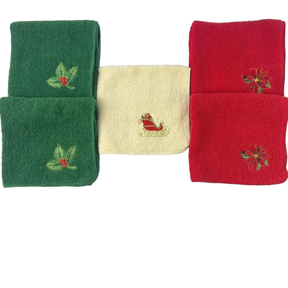 Christmas Decor Lot Of 5 Wash Rags Cloth Poinsettia Holly And Sled